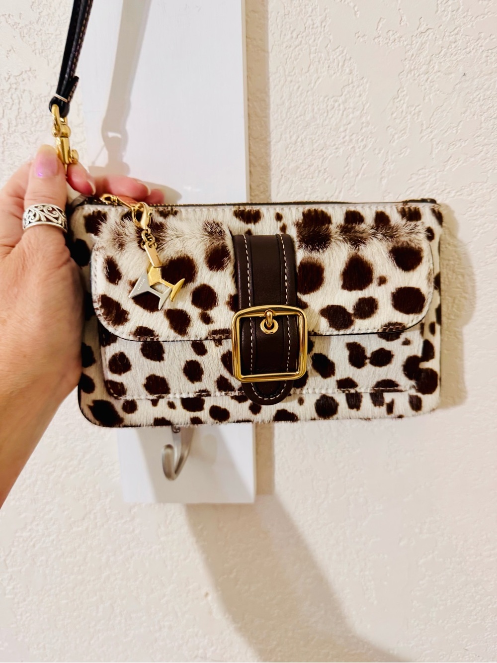Coach calf hair & smooth leather brown,white Leopard,Wristlet Wallet,gold charm
